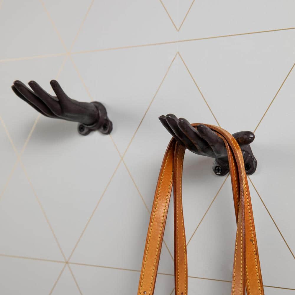 Palms Up Dark Brown Cast Iron Wall Hooks Set