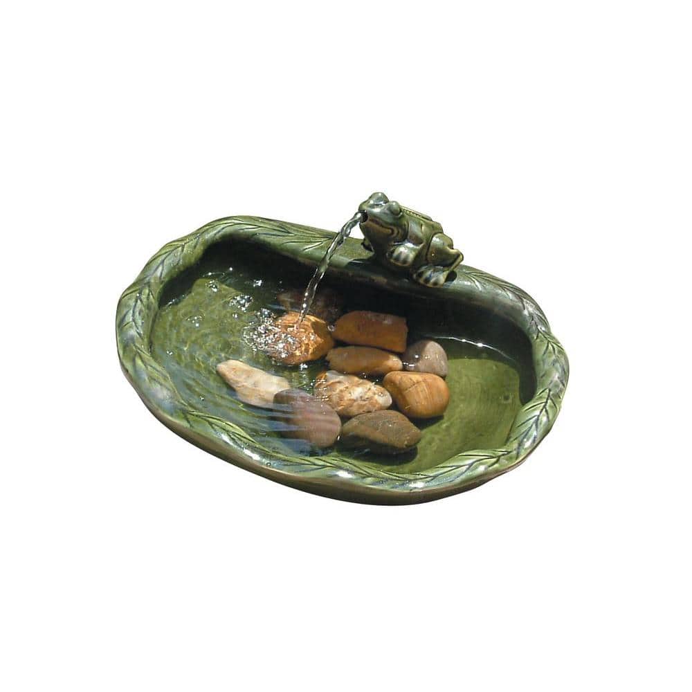 Green Glazed Ceramic Solar Powered Frog Tabletop Fountain