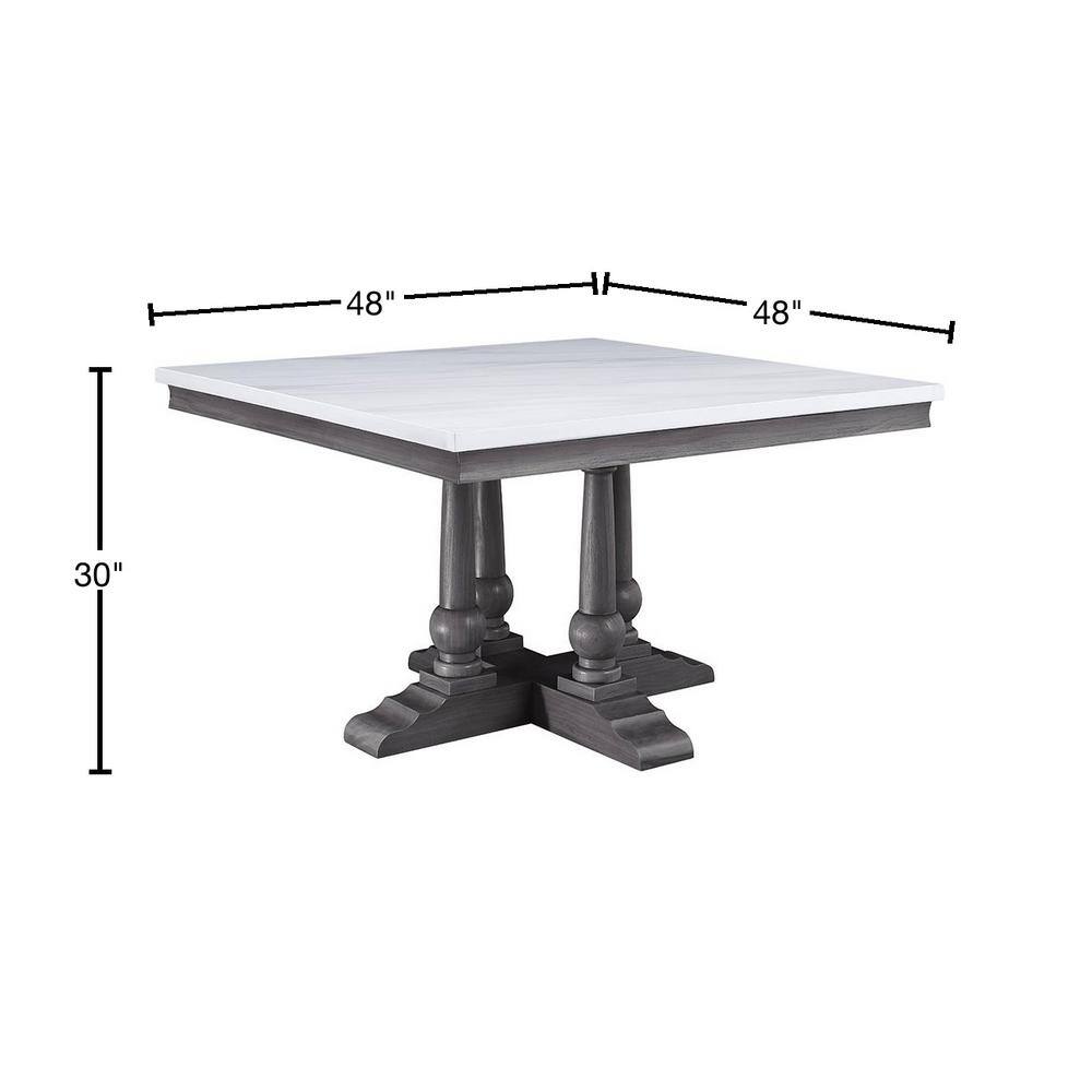 Transitional Gray Oak and White Marble Square Dining Table