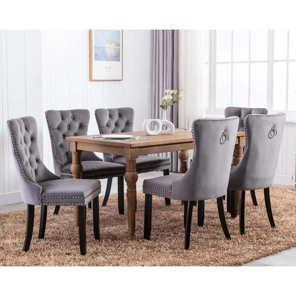 Gray Velvet Upholstered High Back Parsons Side Chairs with Wood Legs, Set of 4