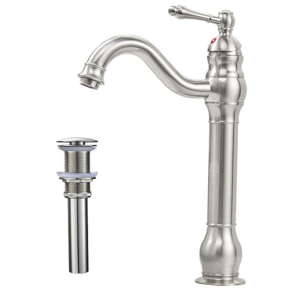 Fapully Single Handle Single-Hole Bathroom Vessel Sink Faucet with Pop Up Drain in Brushed Nickel