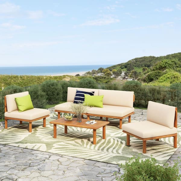 Gabriel Modern 4-Piece Outdoor Solid Wood Patio Conversation Set with Beige Cushions, Coffee Table, Teak Finish