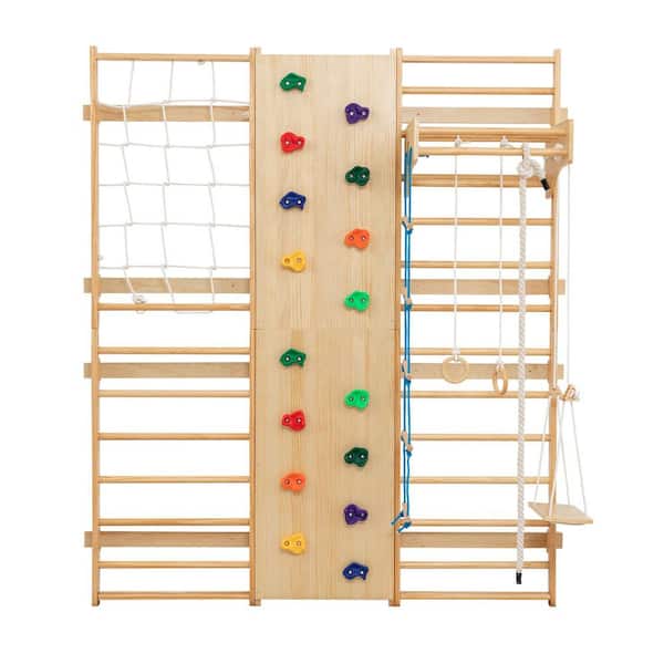 10-in-1 Indoor Climbing Set Featuring a Rock-Climbing Wall Wooden Swings Gymnastic Rings Rope Ladders and Stretching