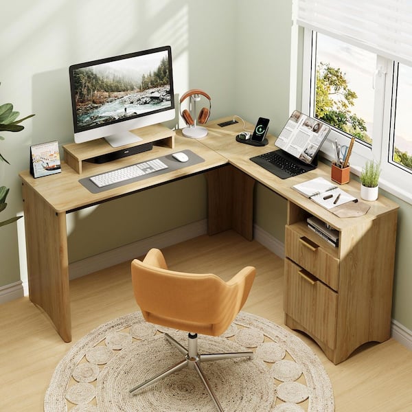 55 in. Natural 2-Storage Drawers L-Shaped Computer Desk with Power Outlets, Lift-Top and Monitor Stand