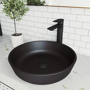 Matte Shell Modus Glass Round Vessel Bathroom Sink in Black with Norfolk Faucet and Pop-Up Drain in Matte Black
