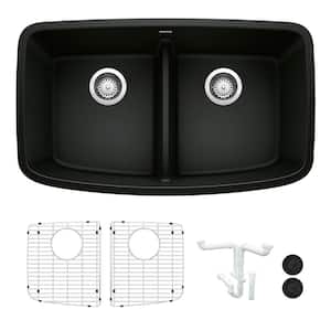Valea 32 in. Undermount Double Bowl Coal Black Granite Composite Kitchen Sink Kit with Accessories