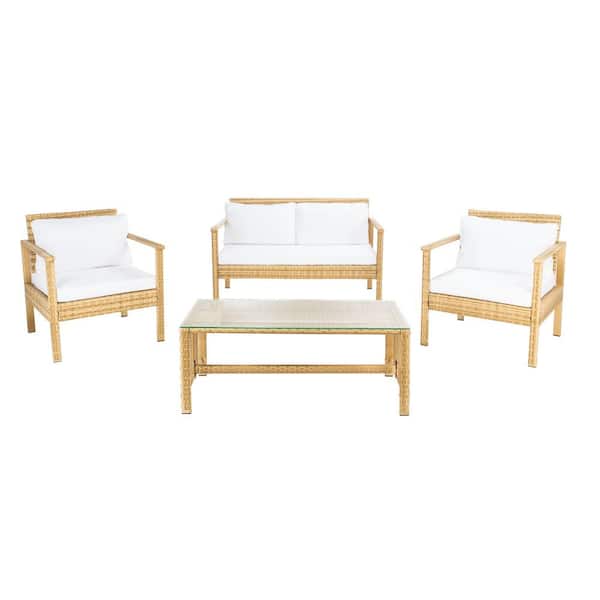 SAFAVIEH Garner Natural 4-Piece Wicker Patio Conversation Set with White Cushions