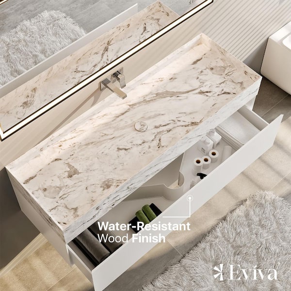 Eviva Fritti 48 in. W x 20 in. D x 16.5 in. H Floating Bathroom Vanity in White with White Carrara Marble Top with Trough Sink