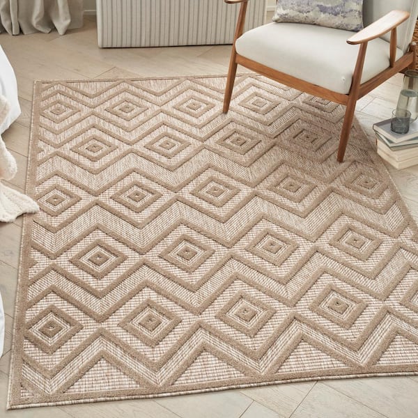 Versatile Natural Beige 5 ft. x 7 ft. Geometric Contemporary Indoor/Outdoor Area Rug