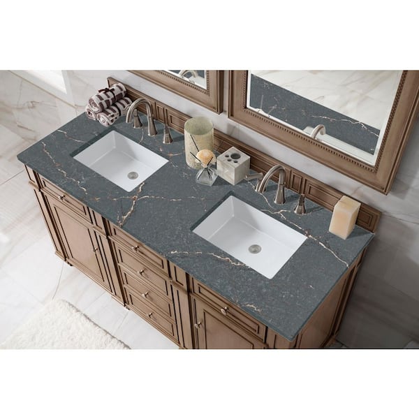 James Martin Vanities Bristol 60.0 in. W x 23.5 in. D x 34.0 in. H Double Bath Vanity in Whitewashed Walnut with Parisien Bleu Quartz Top