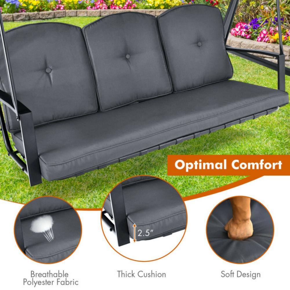 Gray Steel 3-Seat Outdoor Porch Swing with Adjustable Canopy