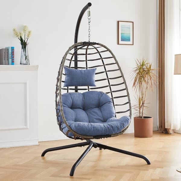 Pocassy Gray Wicker Patio Swing Hanging Egg Chair with Blue Cushion and Stand