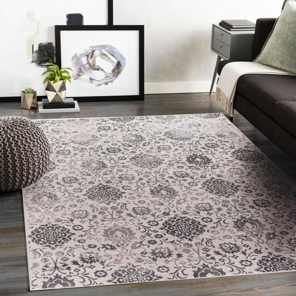 Ivory and Gray Damask Pattern Medium Pile Area Rug