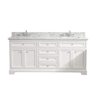 South Bay 73 in. Double Bath Vanity in White with Marble Vanity Top in Carrara White with White Basin