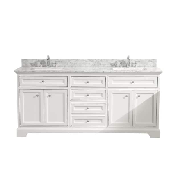 Ari Kitchen and Bath South Bay 73 in. Double Bath Vanity in White with Marble Vanity Top in Carrara White with White Basin