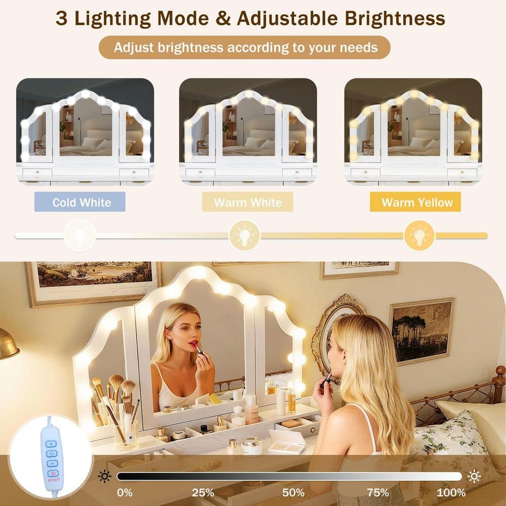 2-Piece White Makeup Vanity Set with Cushioned Stool, Tri-Fold Light Mirror, 5-Drawers, 2 Cabinets, Charging Station - thumbnail 7