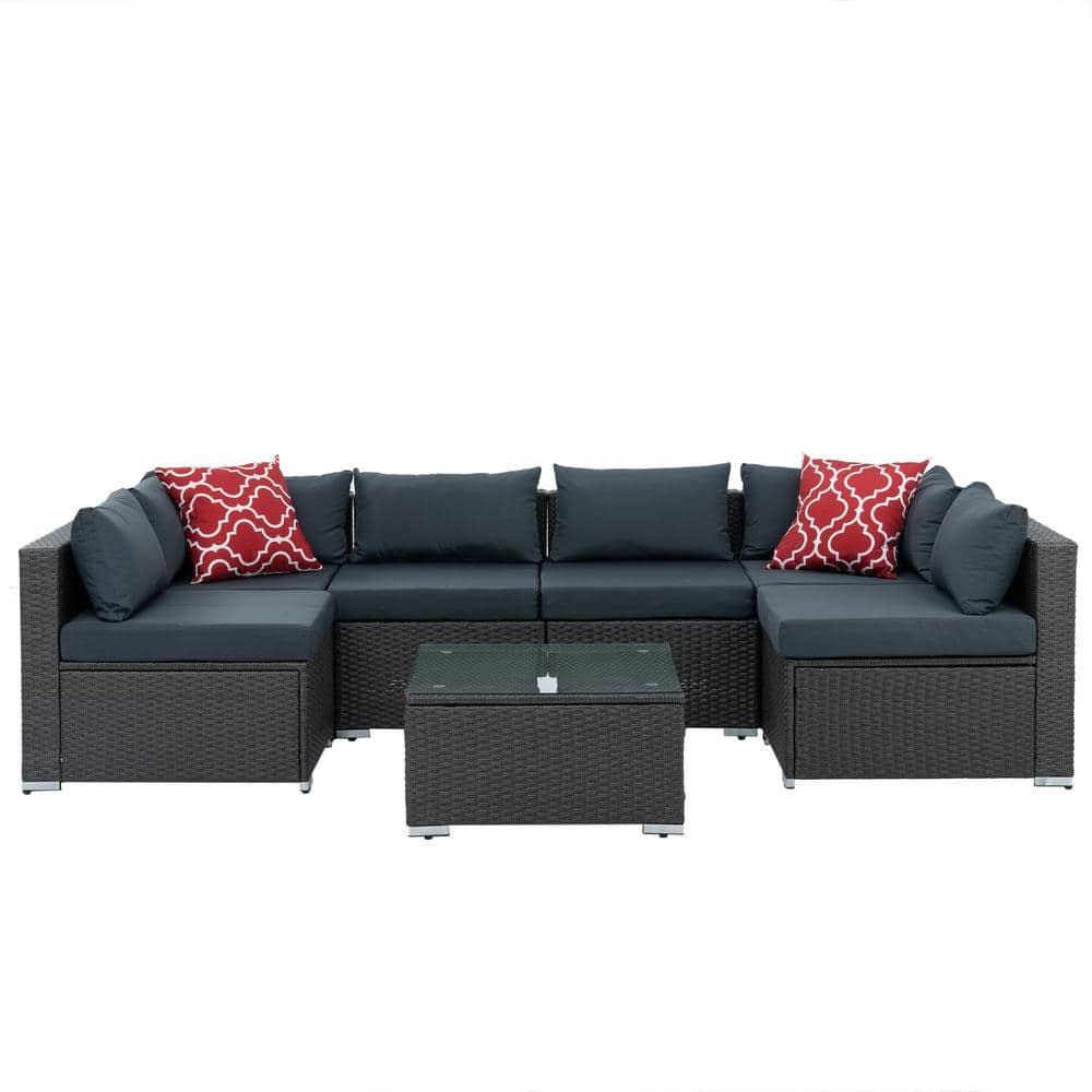 Set of 7 PE Wicker Outdoor Sectional Sofa with Tempered Glass Table Suitabl