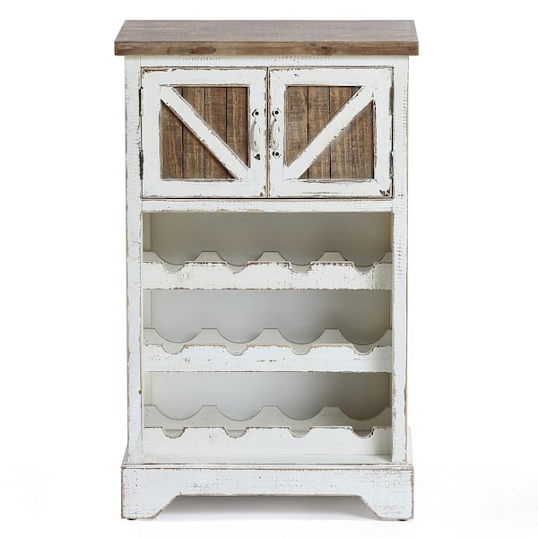 LuxenHome White and Natural Wood 2-Door Wine Cabinet