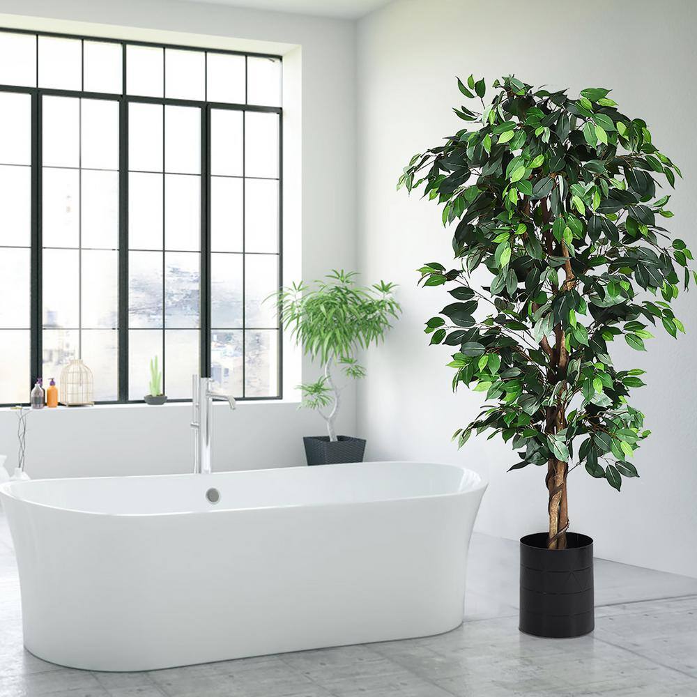 6-Foot Green Artificial Ficus Silk Tree with Wood Trunks