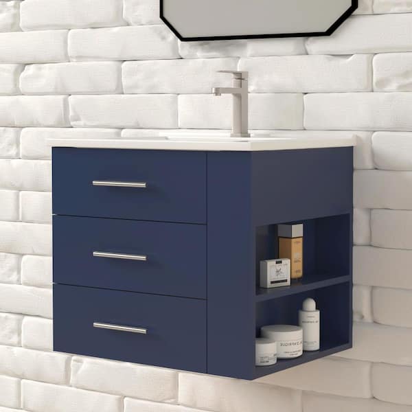HOMEVY STUDIO Rita 24.25 in. Single Sink Wallmount Bath Vanity with White Ceramic Countertop in Marine Blue with Right Side Shelf