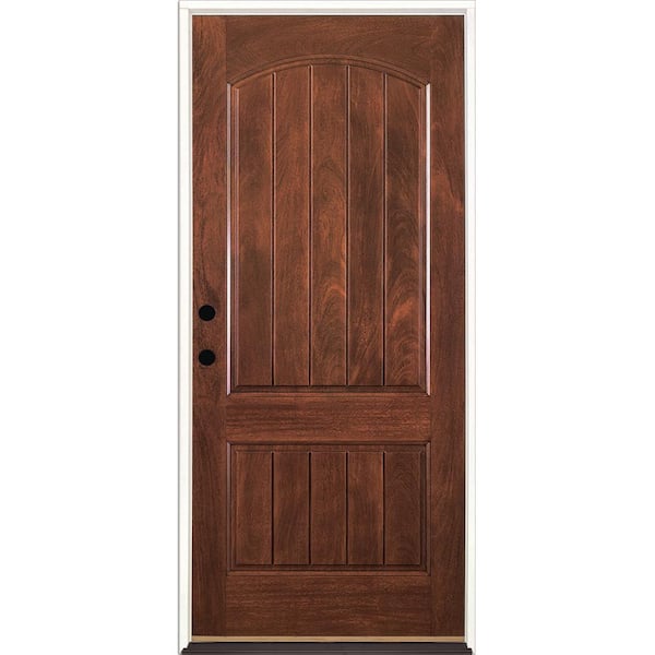 Feather River Doors 37.5 in. x 81.625 in. 2-Panel Plank Stained Chocolate Mahogany Right-Hand Inswing Fiberglass Prehung Front Door