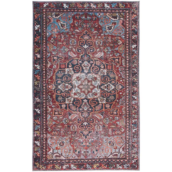 SAFAVIEH Tuscon Red/Navy 6 ft. x 9 ft. Machine Washable Distressed Medallion Area Rug