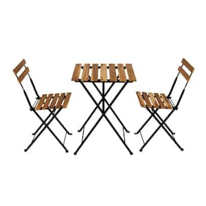 3-Piece Solid Wood Outdoor Bistro Set, Outdoor Dining Set of Foldable Patio Table and Chairs with 2 Cushions in Brown