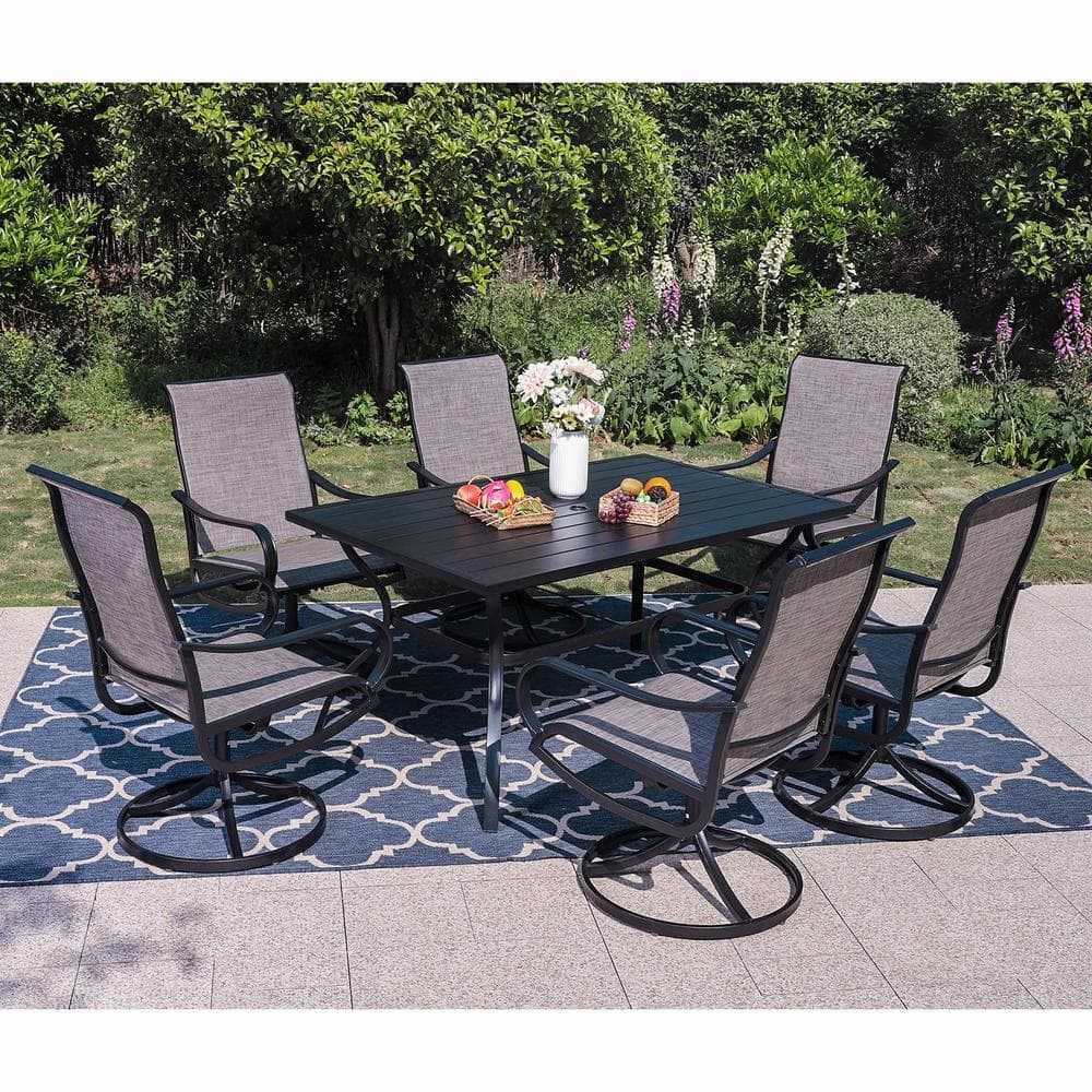 Phi Villa Black Piece Metal Rectangle Patio Outdoor Dining Set With Slat Table And Textilene