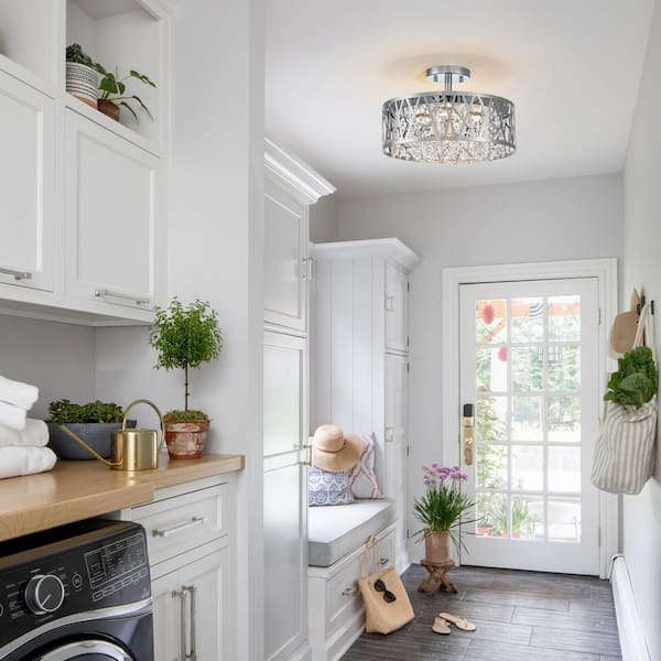 MENCOLULU 13.78 in. 1-Light Modern Small Chrome Drum Dimmable LED Semi-Flush Mount Ceiling Light with Beaded Crystal Shade