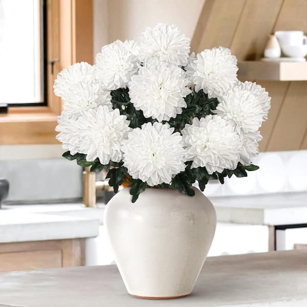 22 in. White Artificial Ball Mum Pom Pom Flower Stem Bush Bouquet (Set of 2)