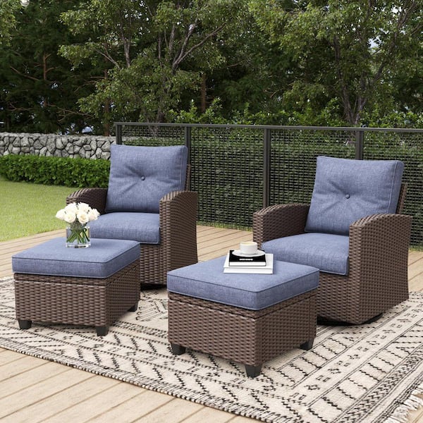 4-Piece Wicker Outdoor Swivel Outdoor Rocking Chair Set Patio Conversation Set with Navy Blue Cushions