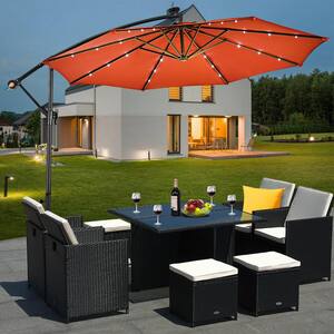 10 ft. Patio Hanging Solar LED Umbrella Sun Shade in Orange with Cross Base