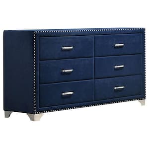 60 in. Blue and Chrome 6-Drawer Wooden Dresser Without Mirror
