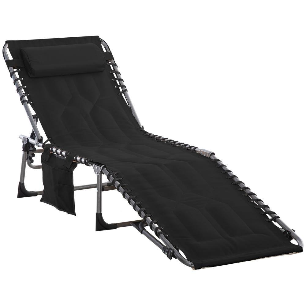 Black Metal Outdoor Chaise Lounge Chair, 6-Level Reclining Camping Tanning 