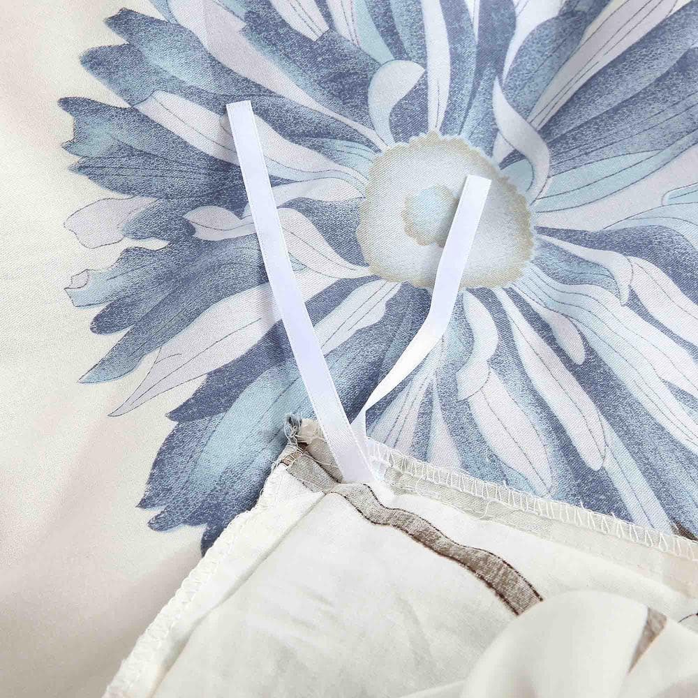 Cream and Blue Gray Floral Cotton Queen Duvet Cover Set