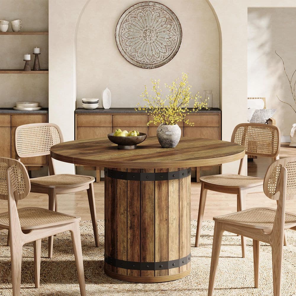 Roesler Farmhouse Rustic Brown Wood 39.37 in. W Fence Pedestal Dining Table, Round Dining Table without Chairs, Seats-4