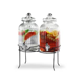 Canyon Set of 2- 1.3 Gal.ea., Clear, Ribbed, Cold Beverage Glass Dispenser, w/ Metal Stand & Leak Proof Acrylic Spigot