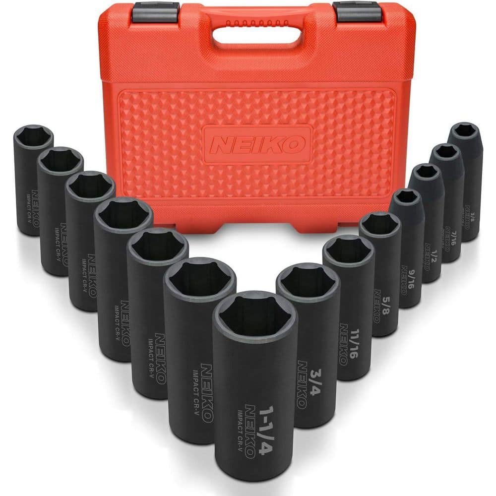 NEIKO 1/2 in. Drive SAE 6 Point Deep Impact Socket Set (14-Piece