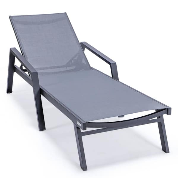 Leisuremod Marlin Modern Black Aluminum Outdoor Chaise Lounge Chair With Arms and Fire Pit Table (Dark Grey)