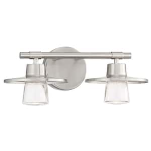 Beacon Avenue 15.25 in. 2-Light Brushed Nickel LED Vanity Light with Clear Seeded Glass Shades