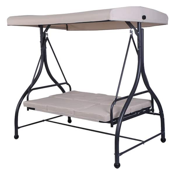 Gtnali 3-Person Metal Outdoor Patio Swing Hammock with Adjustable Canopy and Beige Cushions