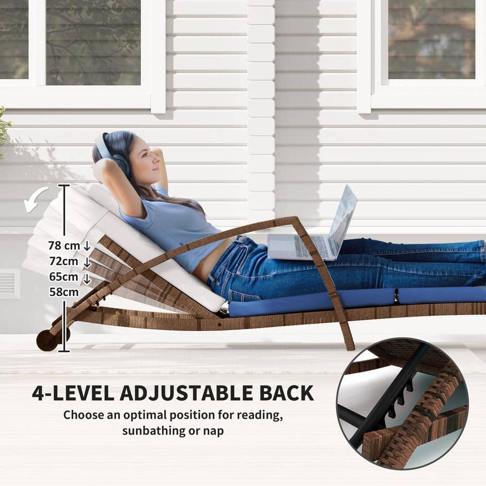 Beige Wicker Outdoor Chaise Lounge with Cushions and Wheels