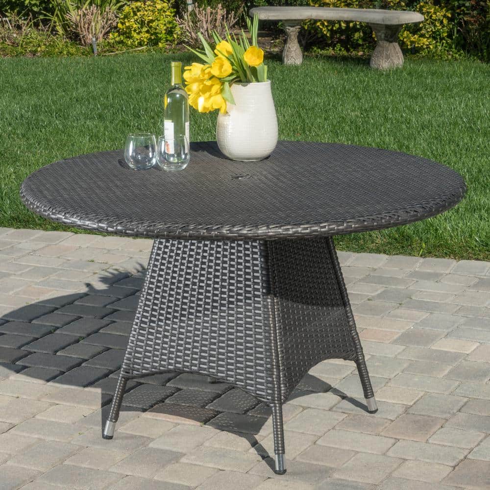 Gray Wicker Round Outdoor Dining Table with Iron Frame