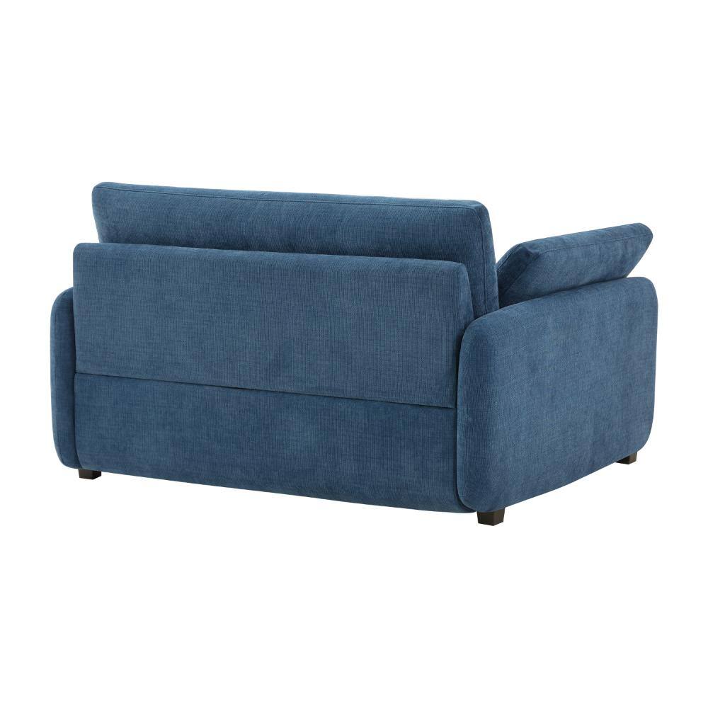 Rear view of a blue chenille single sofa chair.