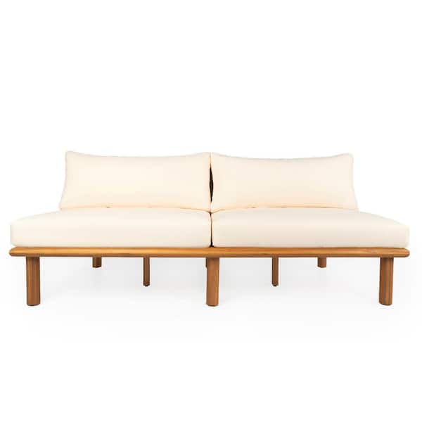 Gabriel Modern Teak Finish Solid Wood Outdoor Couch with Beige Cushions, Patio Loveseat with Water-Repellent Fabric