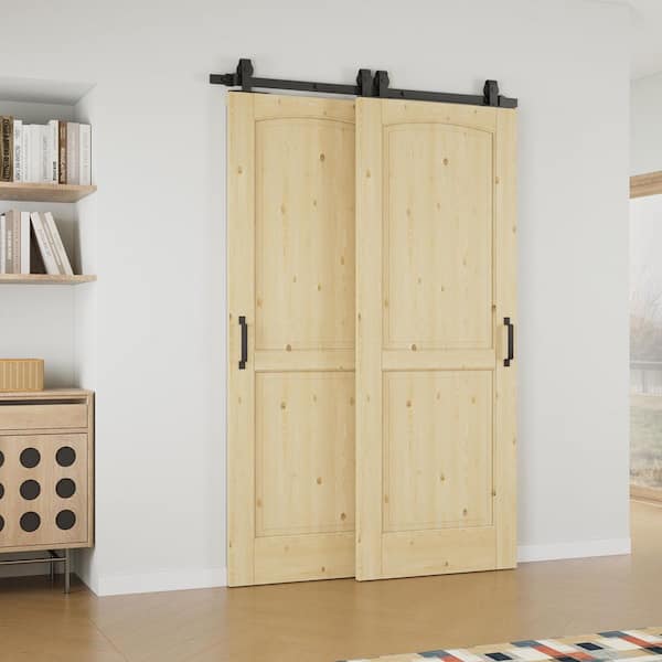 52 in. x 80 in. (Double 30 in. ) 2-Panel Unfinished Solid Core Pine Wood Sliding Barn Door with Hardware Kit Bypass