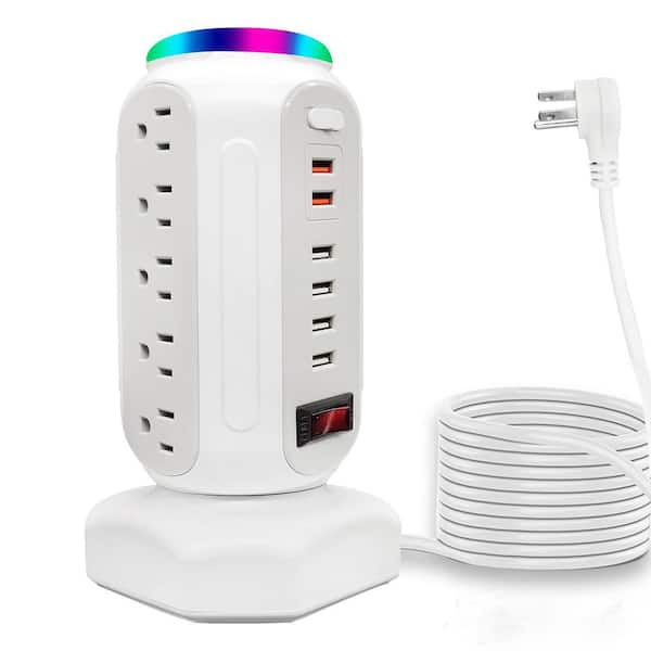 Lukyamzn 6.5 ft. Heavy Duty Extension Cord 15-Outlet Power Strip Tower Surge Protector in White with LED Light and 6 USB Ports