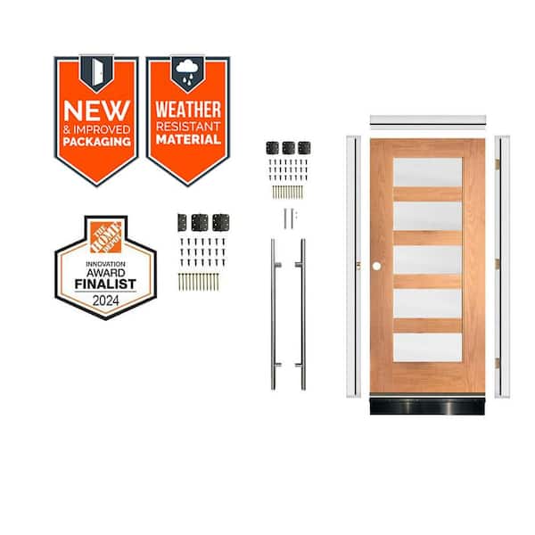 Faux Pivot 36in.x79in. 5-Lite Frosted Glass RH Teak Stain Fiberglass AssemblyRequired Front Door Kit w/QuickAssembleJamb