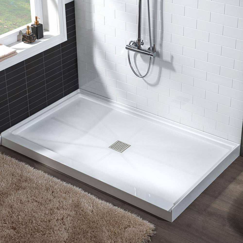 60" x 36" White Rectangular Shower Pan with Brushed Nickel Drain
