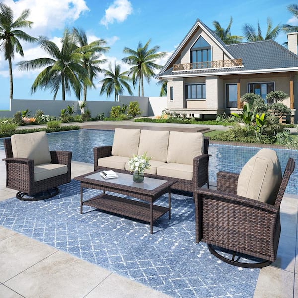 PHI VILLA Black 4-Pieces Metal Patio Conversation Sectional Seating Set with Swivel Sofa Chairs, Glass Top Table and Beige Cushion